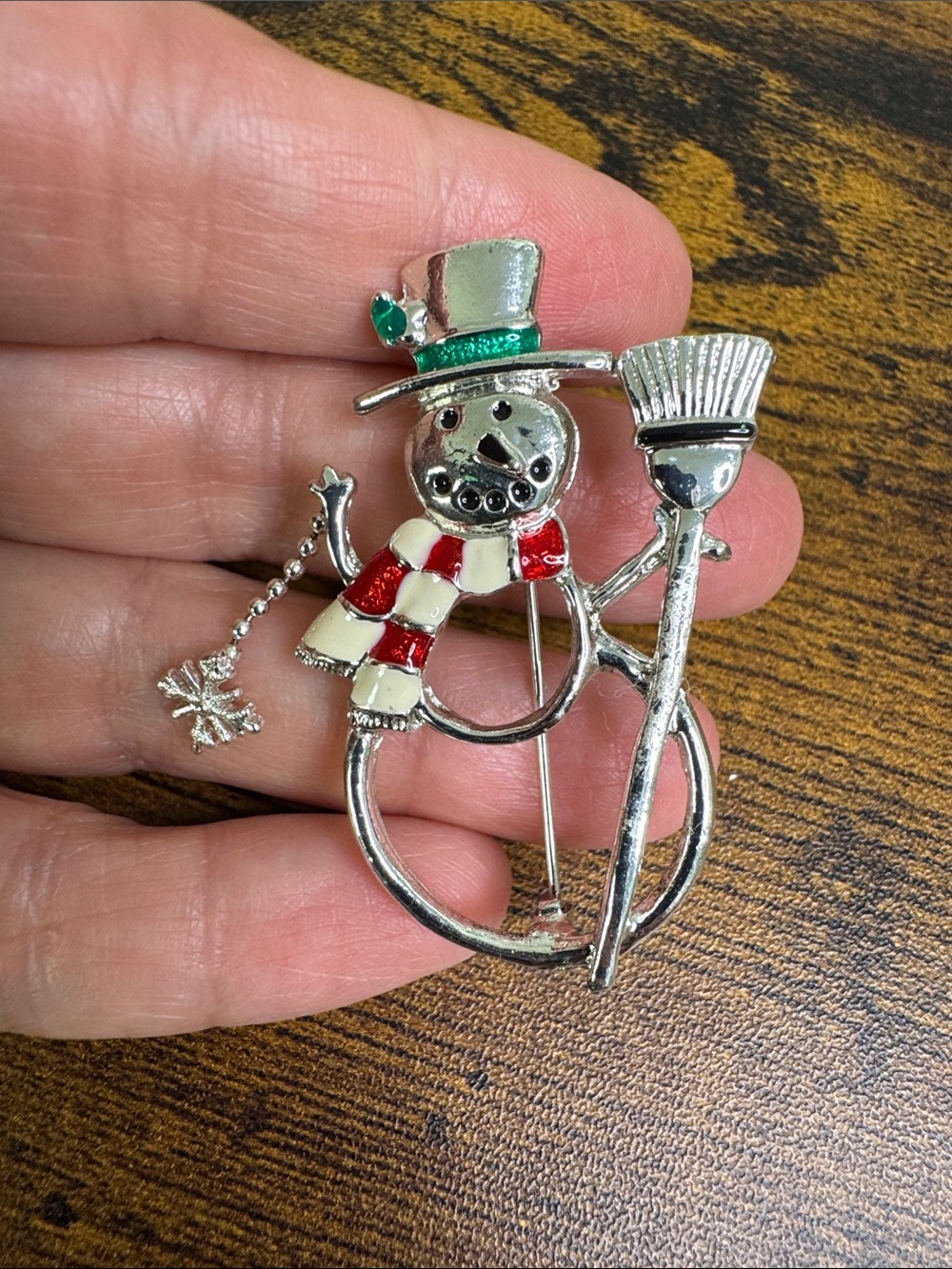 Silver Snowman Brooch Pin with Red and White Scarf